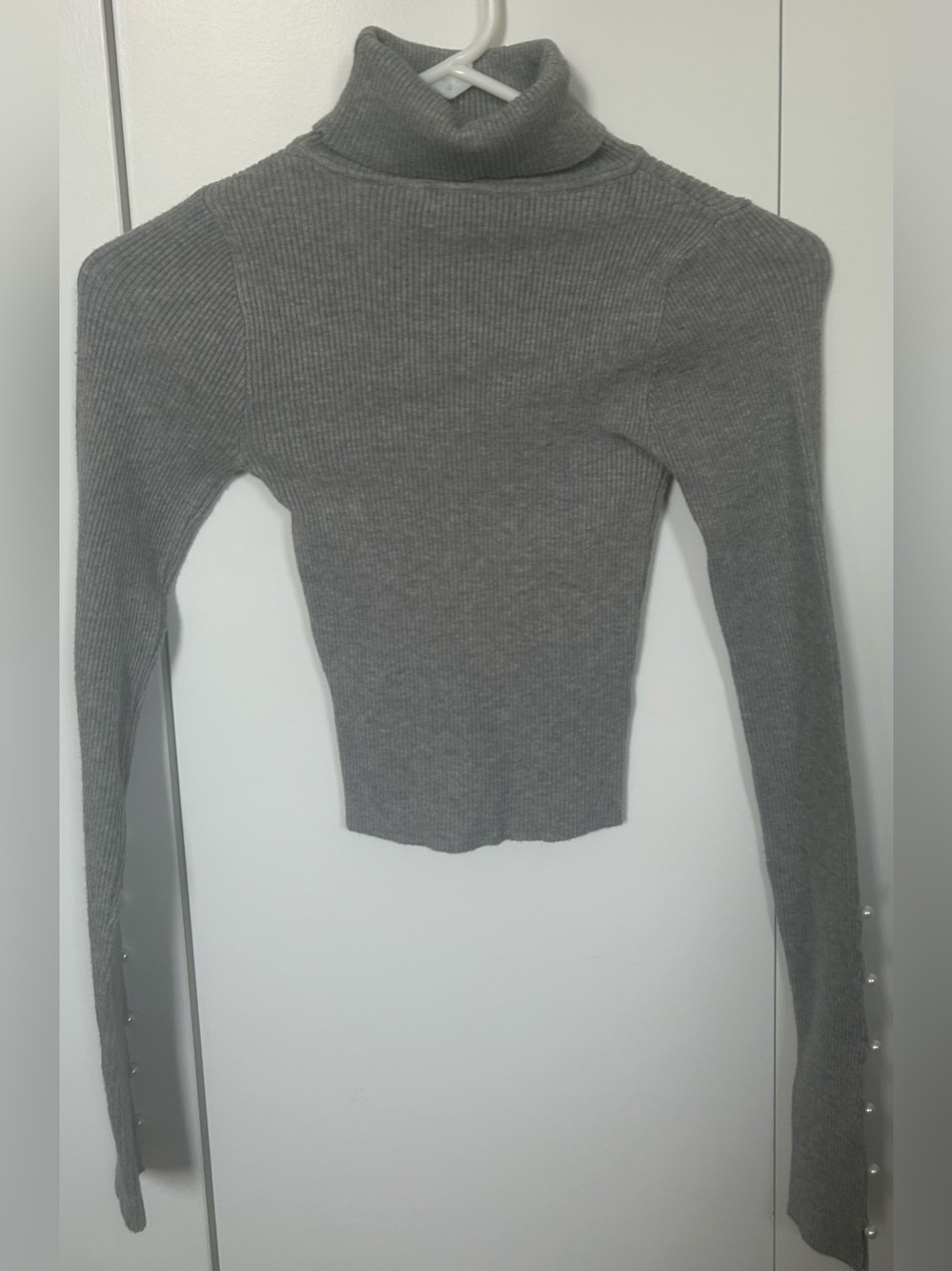 LOVE TREE Grey Turtleneck Ribbed Knit Top with Pearl closures on arm Cropped